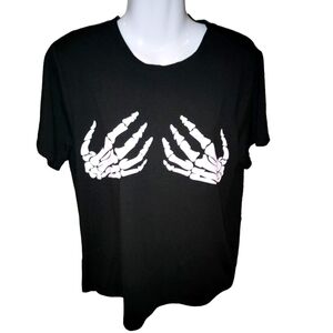 shein black t-shirt medium white graphics of skeleton hands super soft n…